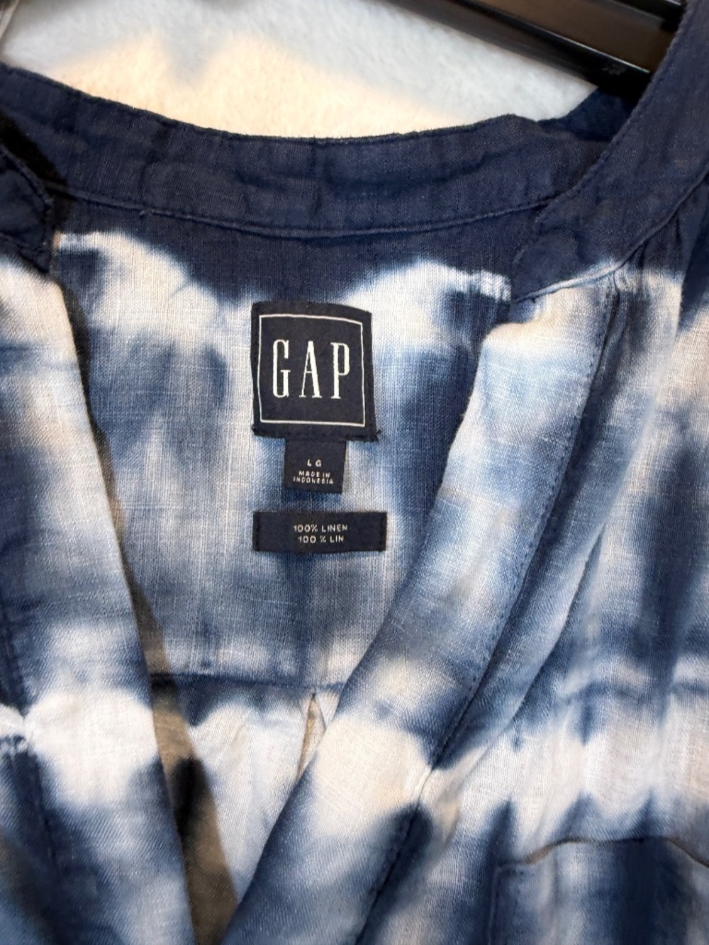 GAP Tunic Top Womens Size Large Blue White Linen Tie Dye Coastal Boho Oversized - Picture 3 of 8